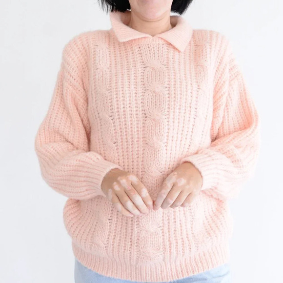 Vintage Tarazzia Light Pink Chunky Cable Knit Collared Pullover Sweater M - Picture 2 of 10